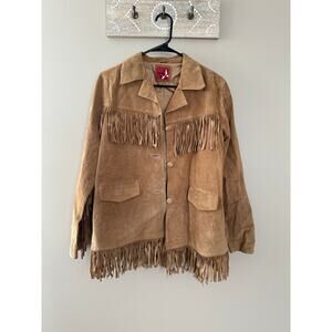 Marlboro Gear Brown Leather Fringe Jacket Button Front Satin Lined 90s Vintage